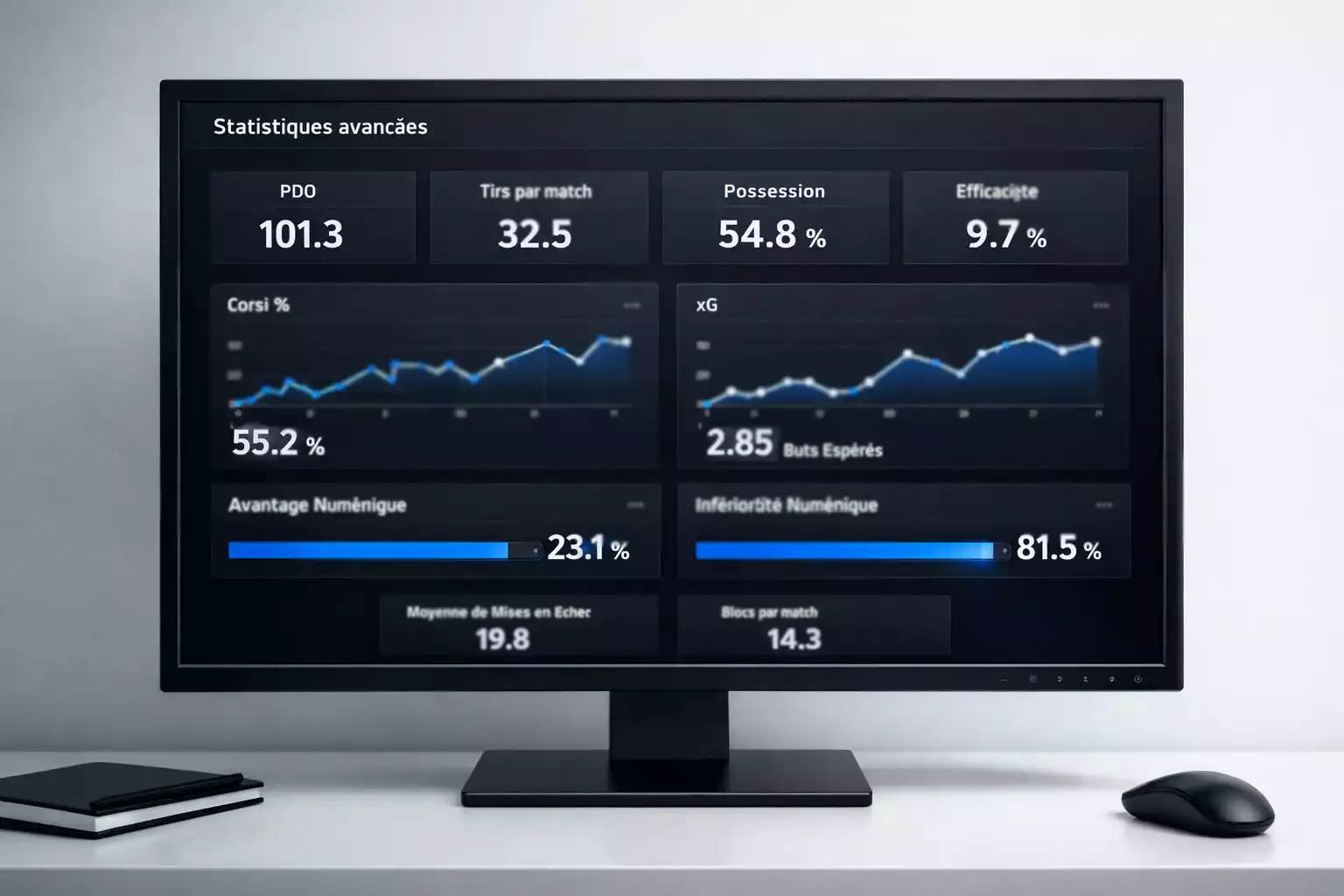Tableau de bord avec statistiques avancées de hockey incluant Corsi et Expected Goals